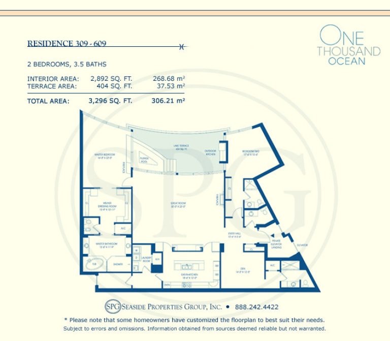 Residence 309-609 Floorplan at One Thousand Ocean, Luxury Waterfront Condo