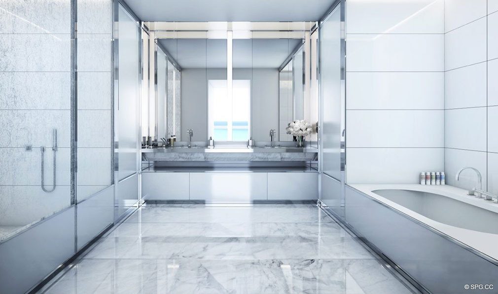 Master Bathroom at Faena House, Luxury Oceanfront Condominiums Located at 3201 Collins Ave, Miami Beach, FL 33140