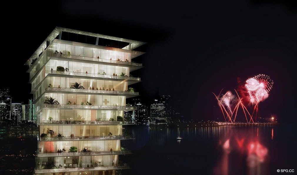 Night View from Grove at Grand Bay, Luxury Waterfront Condominiums at 2669 South Bayshore Dr, Miami, FL 33133