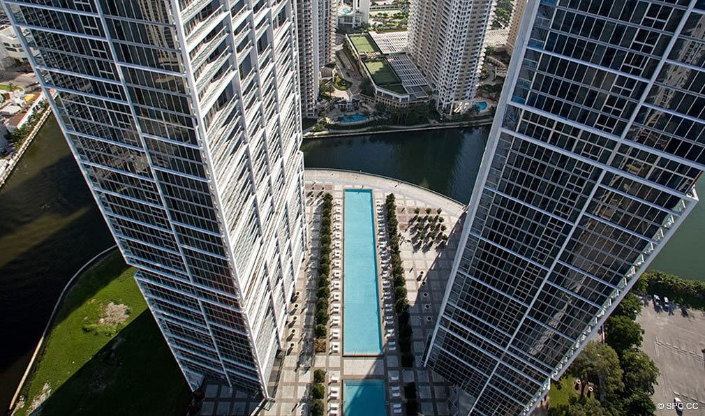 Aerial View of ICON Brickell, Luxury Waterfront Condominiums Located at 475 Brickell Ave, Miami, FL 33131