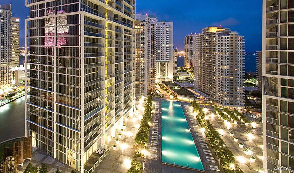 Pool Deck at Night at ICON Brickell, Luxury Waterfront Condominiums Located at 475 Brickell Ave, Miami, FL 33131
