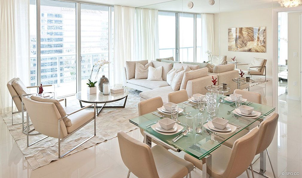 Living Room and Dining Room at ICON Brickell, Luxury Waterfront Condominiums Located at 475 Brickell Ave, Miami, FL 33131