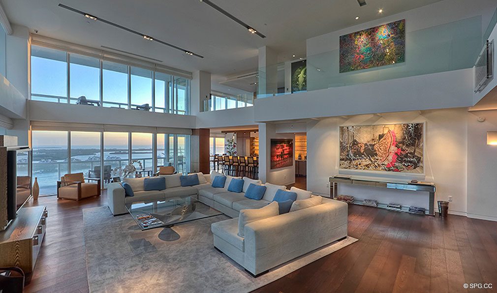 Living Room at ICON South Beach, Luxury Waterfront Condominiums Located at 450 Alton Rd, Miami Beach, FL 33139