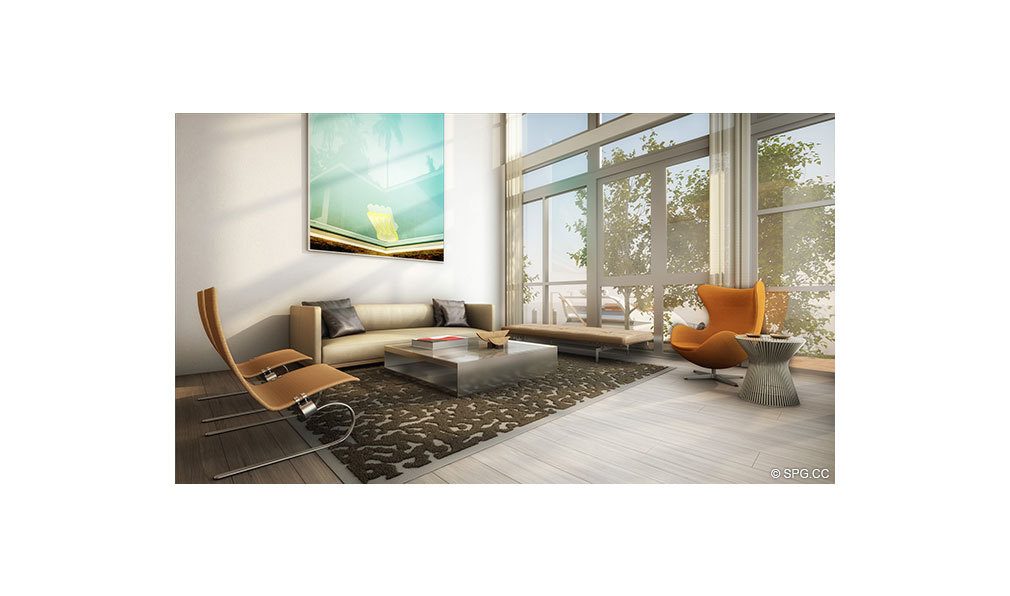 Living Room at Iris on the Bay, Luxury Waterfront Townhomes Located at 25 N Shore Dr, Miami Beach, FL 33141