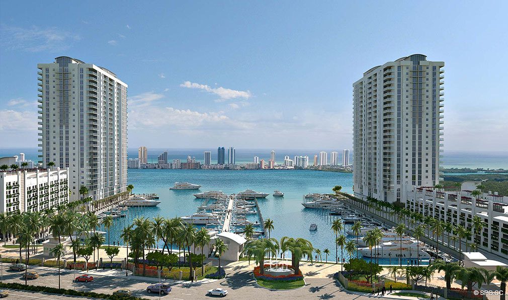 View of Marina Palms Yacht Club, Luxury Waterfront Condominiums Located at 17201 Biscayne Blvd, North Miami Beach, FL 33160