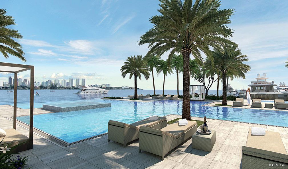 Marina Palms Yacht Club Pool Deck, Luxury Waterfront Condominiums Located at 17201 Biscayne Blvd, North Miami Beach, FL 33160
