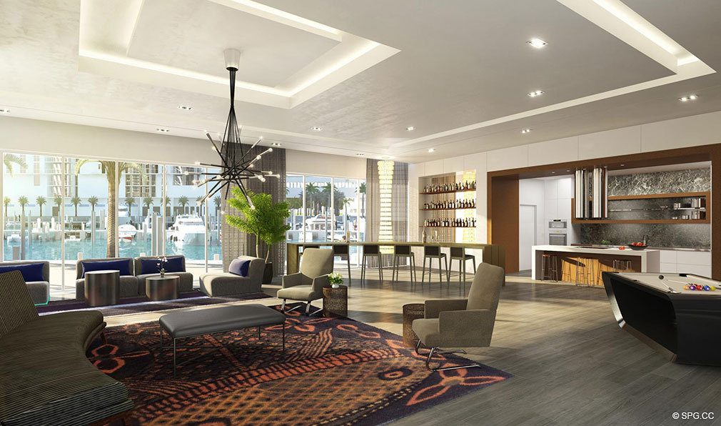 Social Room at Marina Palms Yacht Club, Luxury Waterfront Condominiums Located at 17201 Biscayne Blvd, North Miami Beach, FL 33160
