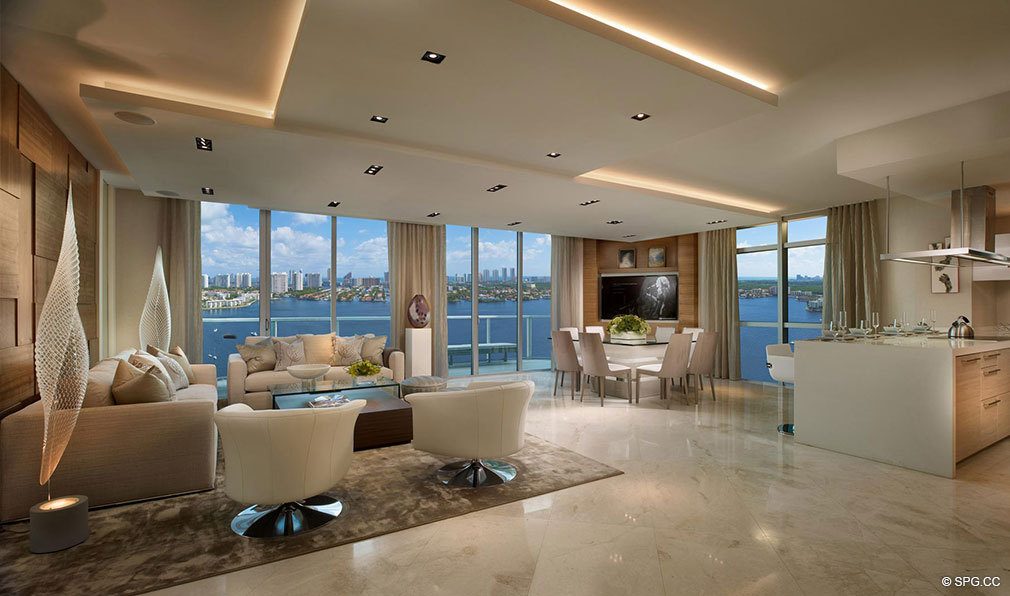 Living Room at Marina Palms Yacht Club, Luxury Waterfront Condominiums Located at 17201 Biscayne Blvd, North Miami Beach, FL 33160