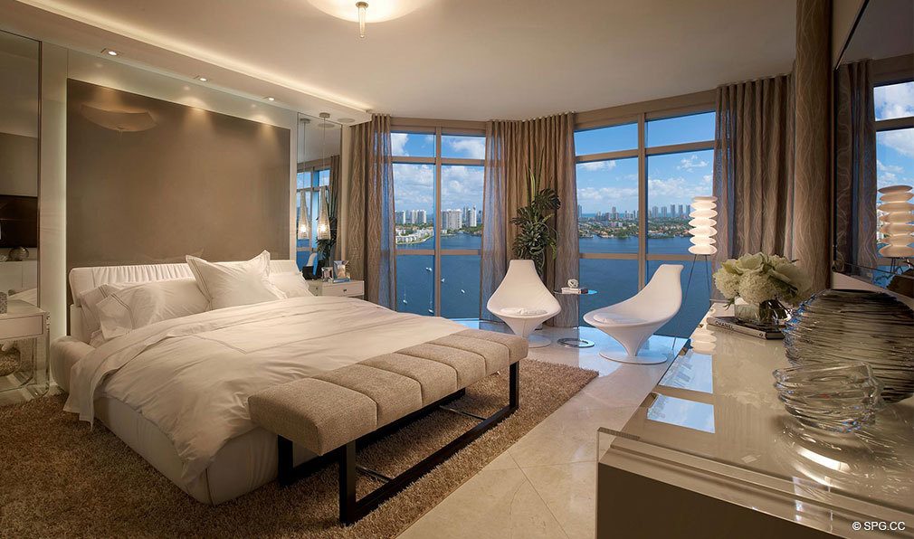 Marina Palms Yacht Club Bedroom, Luxury Waterfront Condominiums Located at 17201 Biscayne Blvd, North Miami Beach, FL 33160