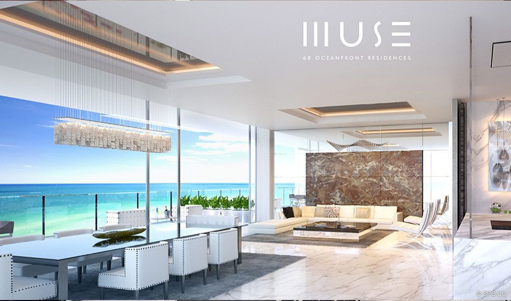 Living Room at Muse, Luxury Oceanfront Condominiums Located at 17141 Collins Ave, Sunny Isles Beach, FL 33160