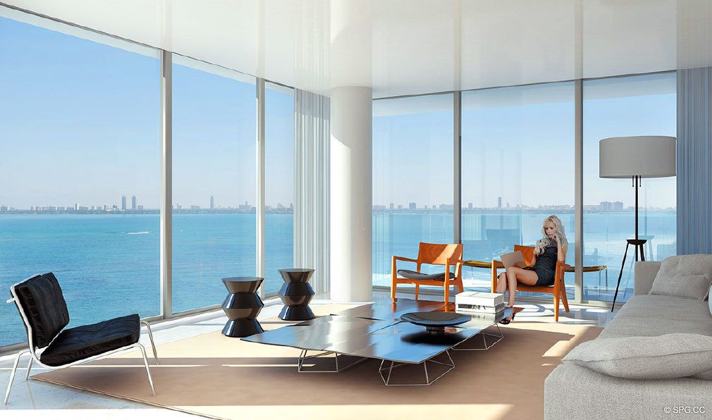 Living Room at Paraiso Bay, Luxury Waterfront Condominiums Located at 600 NE 31st St, Miami, FL 33137