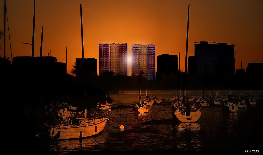 Park Grove at Night, Luxury Waterfront Condominiums Located at 2701 S Bayshore Dr, Miami, FL 33133