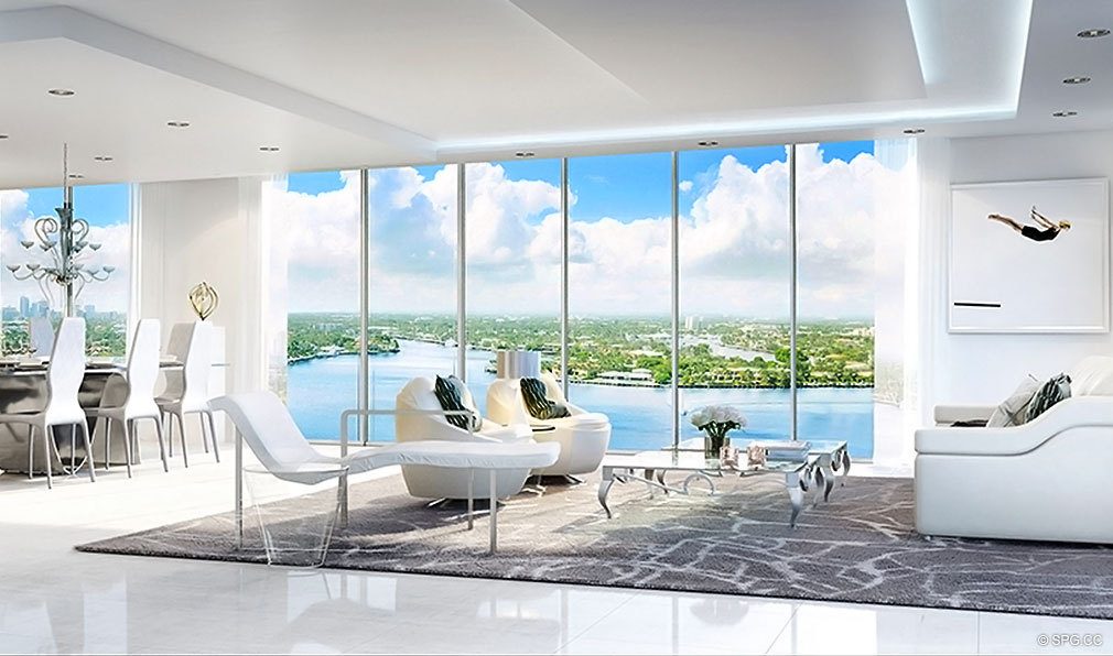Privage Living Room, Luxury Waterfront Condominiums Located at 325 North Birch Rd, Ft Lauderdale, FL 33304