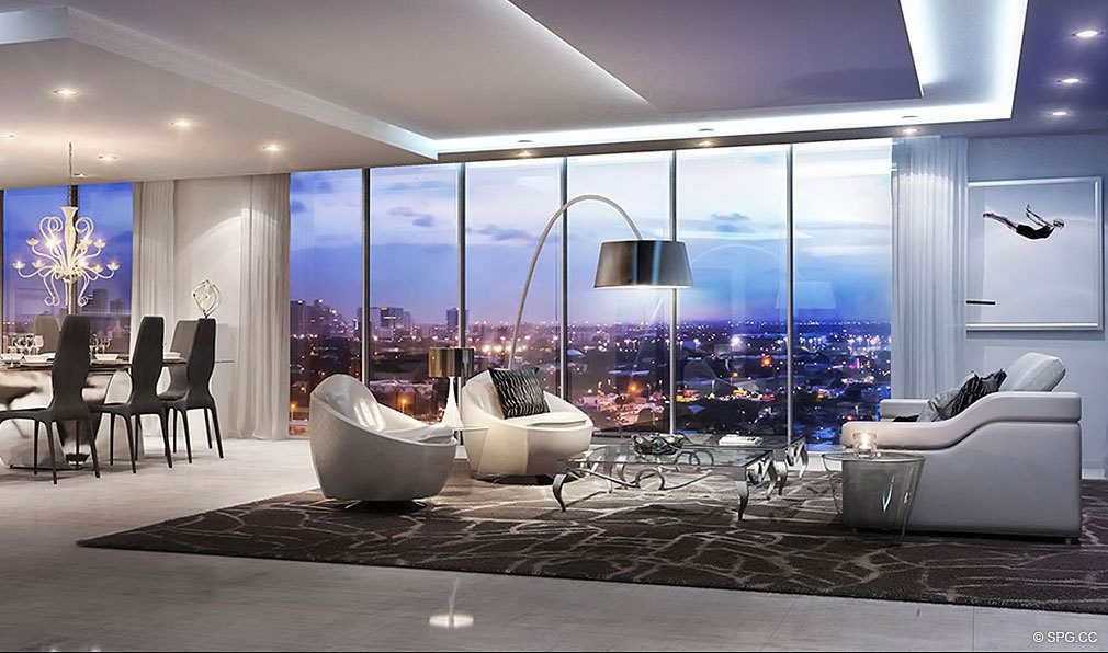 Living Room at Privage, Luxury Waterfront Condominiums Located at 325 North Birch Rd, Ft Lauderdale, FL 33304