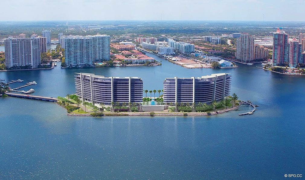 View of Prive, Luxury Waterfront Condominiums Located at 5000 Island Estates Blvd, Aventura, FL 33160