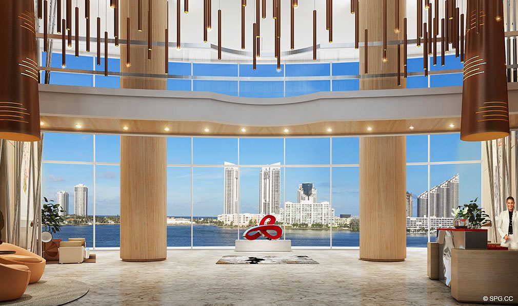 Prive Lobby, Luxury Waterfront Condominiums Located at 5000 Island Estates Blvd, Aventura, FL 33160