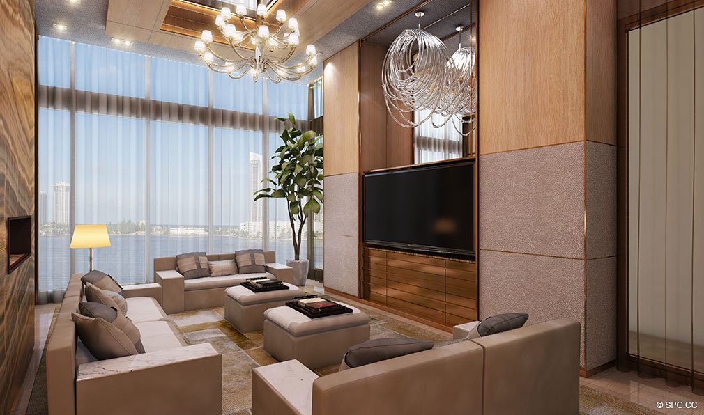 Media Room at Prive, Luxury Waterfront Condominiums Located at 5000 Island Estates Blvd, Aventura, FL 33160
