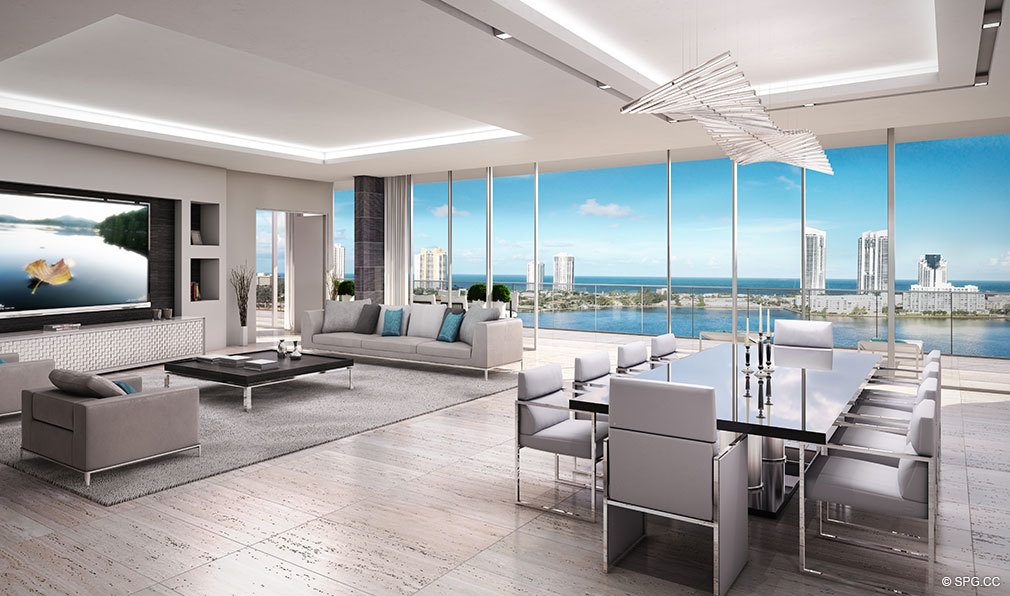 Prive Living Room, Luxury Waterfront Condominiums Located at 5000 Island Estates Blvd, Aventura, FL 33160