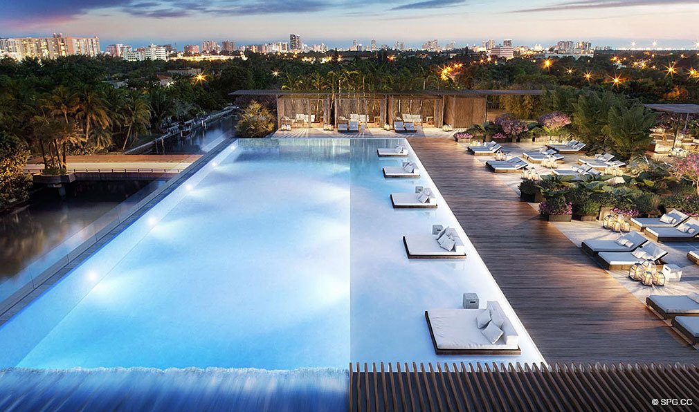 Pool Deck at Ritz-Carlton Residences, Luxury Waterfront Condominiums Located at 4701 N Meridian Ave, Miami Beach, FL 33140