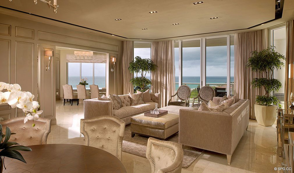 Ritz-Carlton Residences Living Room, Luxury Oceanfront Condominiums Located at 2700 N Ocean Dr, Palm Beach, FL 33404