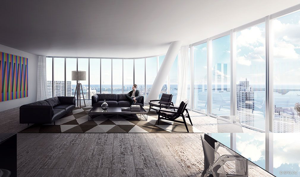 SLS Lux Brickell Living Room, Luxury Seaside Condominiums Located at 801 S Miami Ave, Miami, FL 33130
