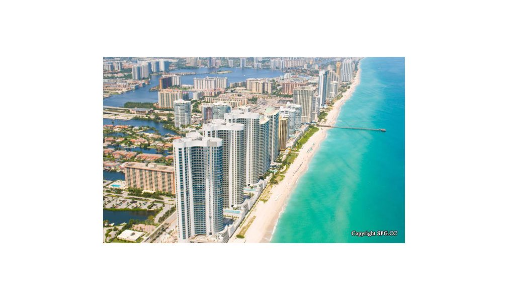 Aerial View of Trump Towers, Oceanfront Condominiums Located at 15811-16001 Collins Ave, Sunny Isles Beach, FL 33160