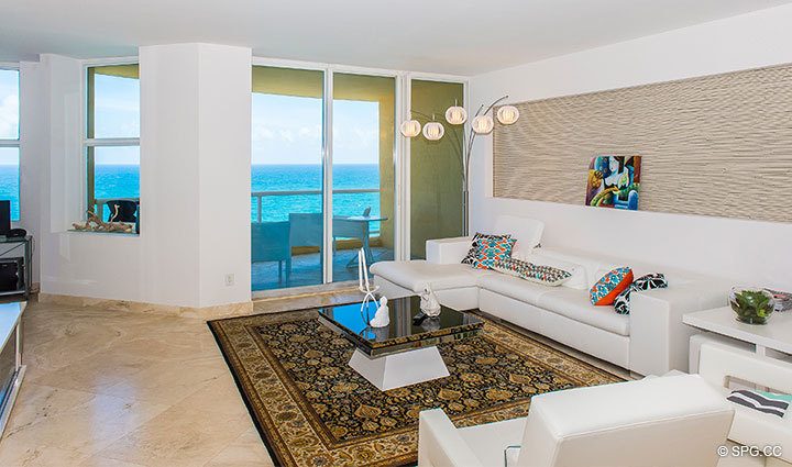 Living Room to Oceanside Terrace in Residence 17A, Tower I at The Palms, Luxury Oceanfront Condominiums Fort Lauderdale, Florida 33305.