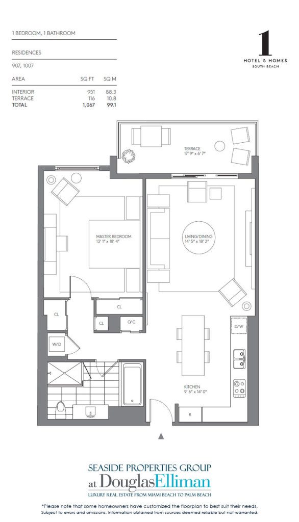 1 Bedroom Model E Floorplan for 1 Hotel & Homes South Beach, Luxury Oceanfront Condominiums Located at 2399 Collins Avenue, Miami Beach, Florida 33139